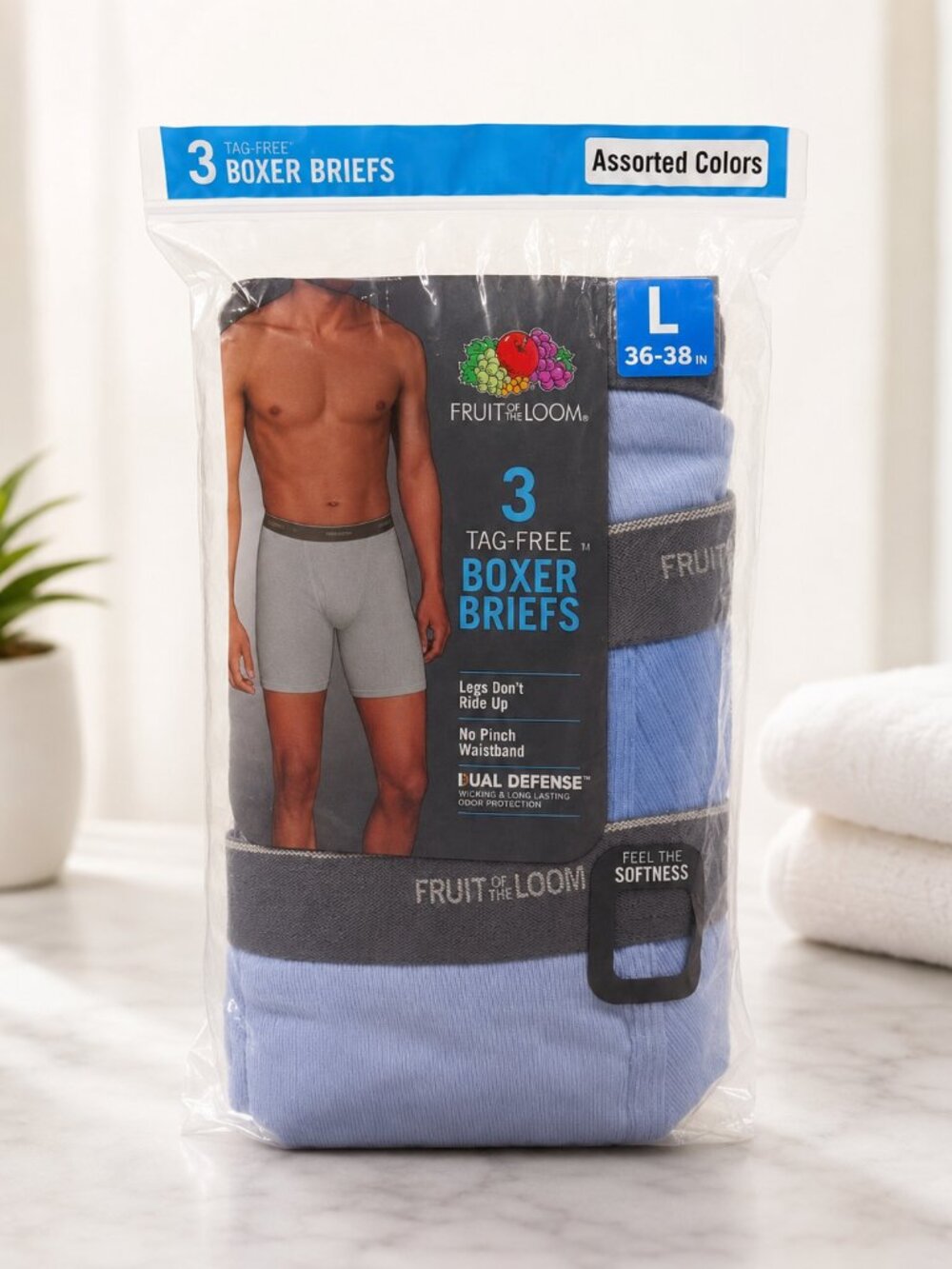 Fruit of the Loom 3-Pack Tag-Free Boxer Briefs – Blue – Size Large 36–38" – NEW